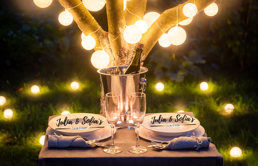 Romantic Italian dining with wine glasses at Julia & Sofia’s Sedgefield